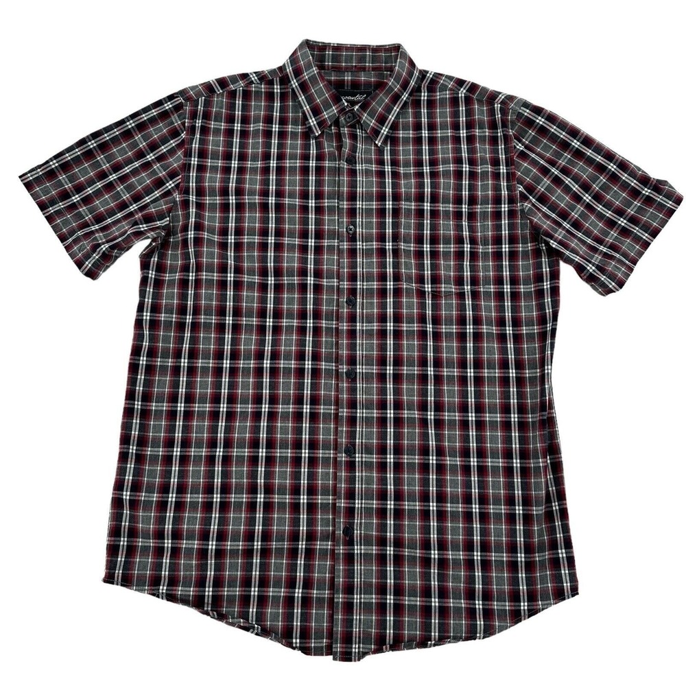 Coastal  Plaid Button Down Shirt Short Sleeve Red Black White Cotton Mens Large